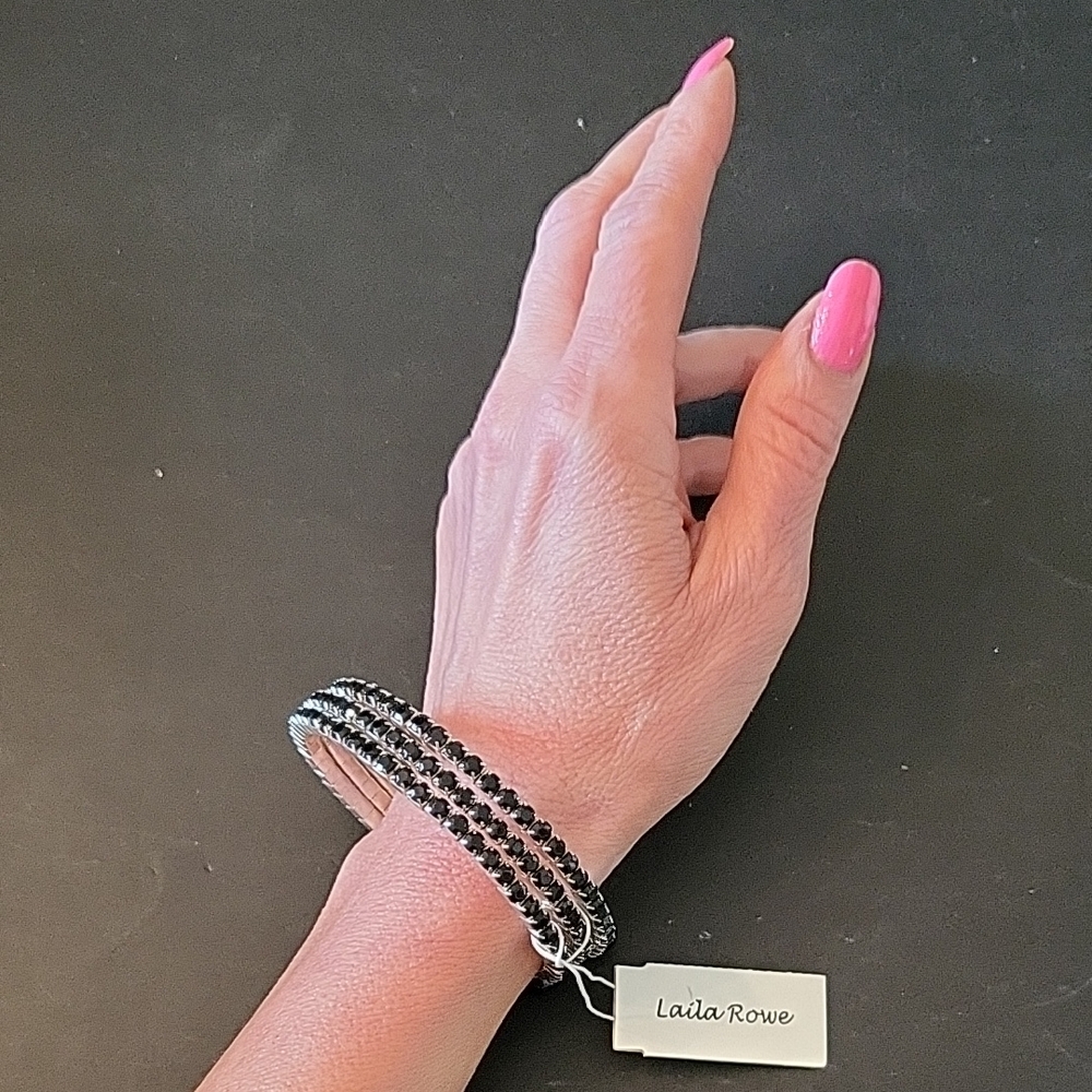 NEW Silver-tone & Black Wrap-around Bracelet, Crystals & Beads, Laila Rowe